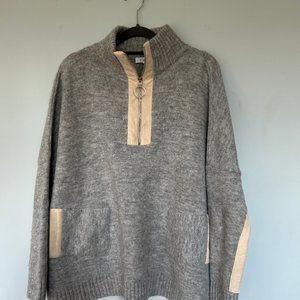 Gray Sweater with Cream suede trim quarter zip